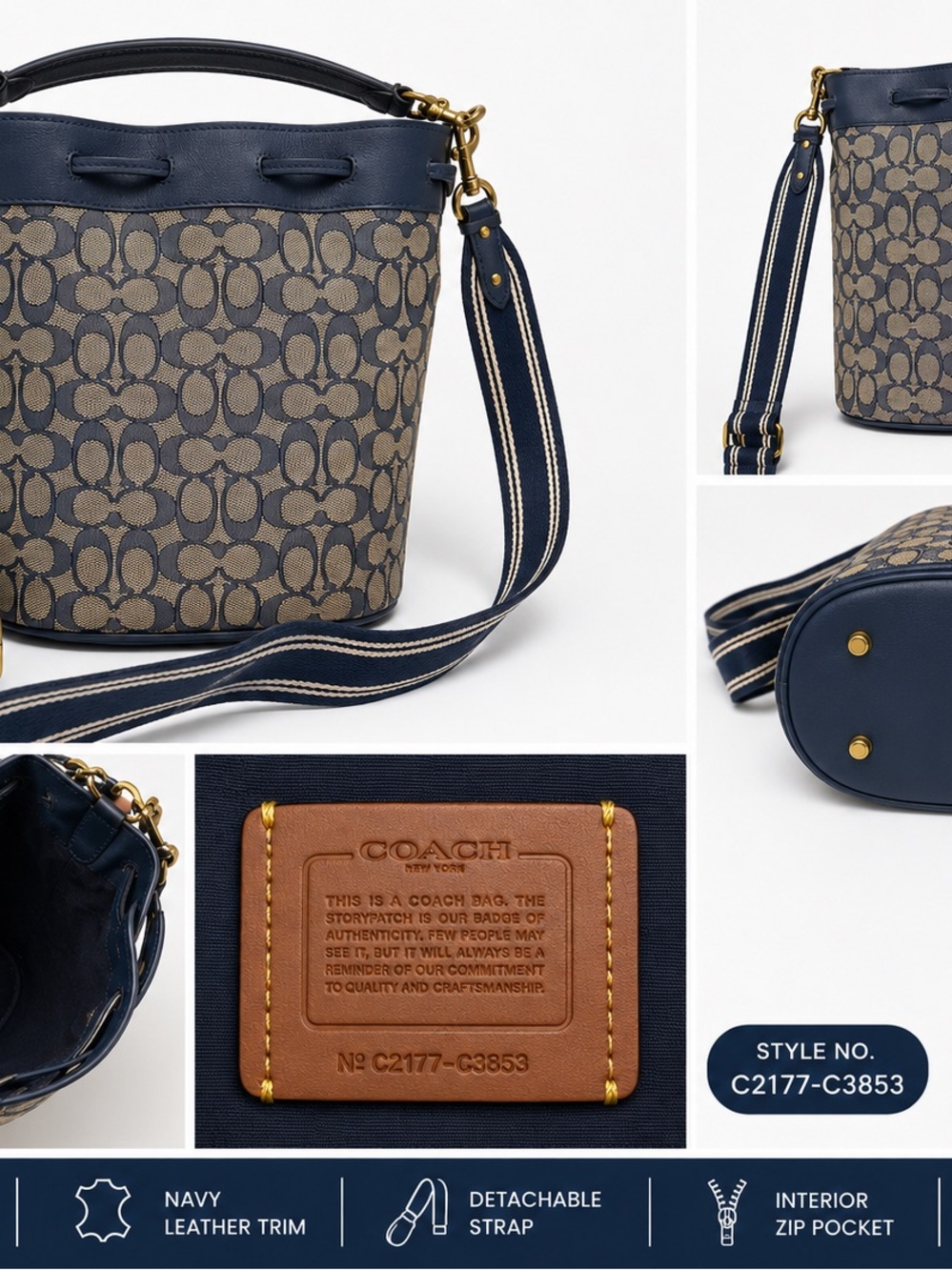 Coach Signature Jacquard Navy Bucket Crossbody Bag C2177-C3853